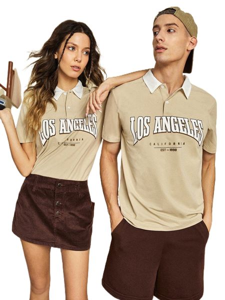 

1pc letter graphic contrast collar polo shirt w0su#, White;black