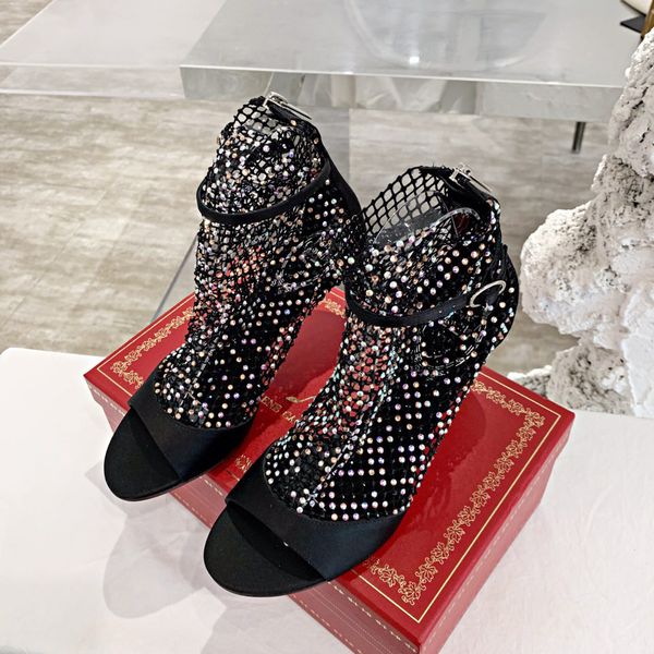 

mesh rene galaxia crystal strass caged stiletto high-heel sandals rhinestones ankle strap black evening shoes women high heeled luxury 4uc6