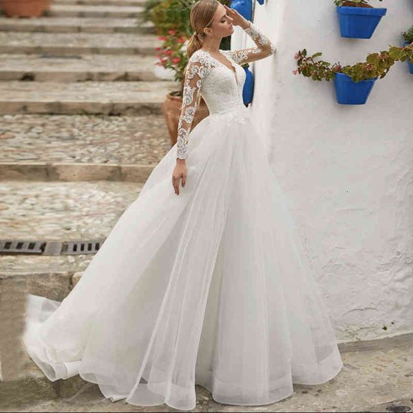 

ball gown wedding dresses straight long sleeve light wedding dress deep v-neck bride slim in autumn and winter lace simple tail, White