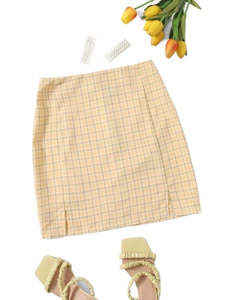 

plaid split skirt d98j#, Black