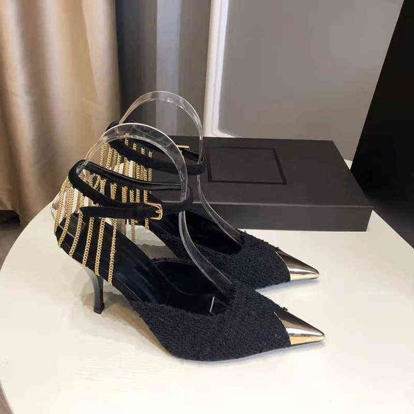 

designer women's high heel casual shoes spring 2022 black high pointed thin heels metal chain one-way belt buckle sandals fairy women&#