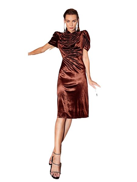 

motf premium velvet gathered puff sleeve dress j6ld#, Black;gray