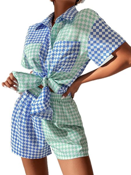 

checkered print drop shoulder blouse & shorts v4xz#, White