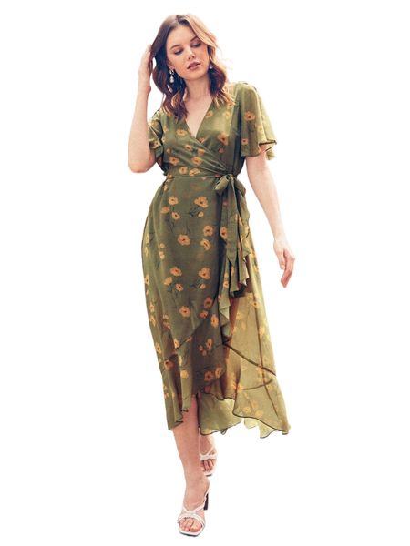 

x vickie chiang ruffle hem wrap belted floral chiffon dress x7yv#, Black;gray