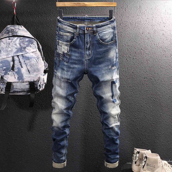 

men's jeans high street washing and whitening style ankle jeans men's elastic slim fit versatile vintage fashion pants tvlj, Blue