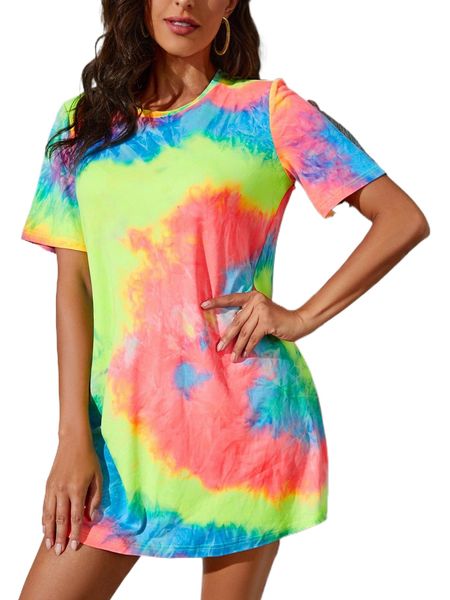 

tie dye round neck tee dress y9bm#, Black;gray