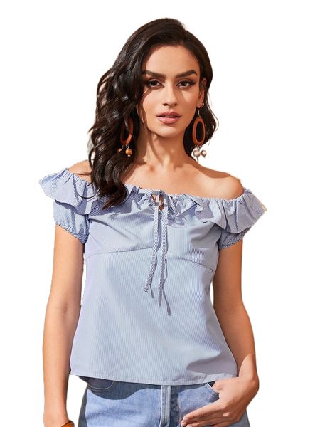 

striped off shoulder ruffle trim knot front blouse p5fr#, White