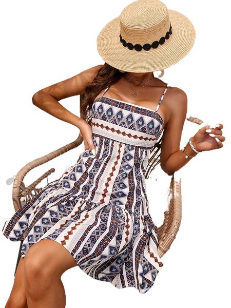 

all over geo print criss cross back ruffle hem cami dress 701h#, Black;gray