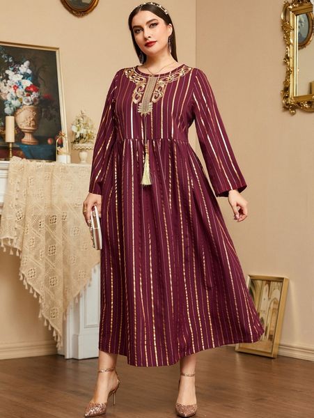 

plus golden striped embroidery tassel detail smock dress o8ci#, Black