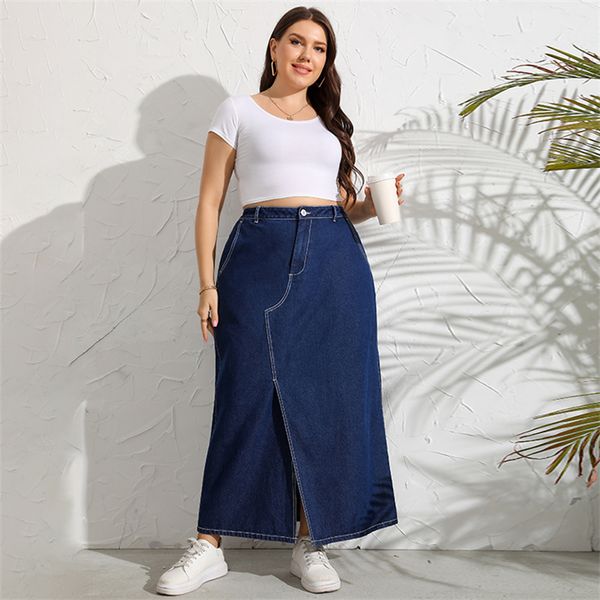 Marinha azul jeans longa saia mulher plus size size outono estilo coreano 4xl 5xl Moda Office Ladies Streetwear Saias femininas heterossexuais 220527