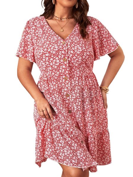 

plus ditsy floral butterfly sleeve ruffle hem dress z8tk#, Black