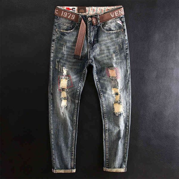 

men's jeans fashionable men's jeans are worn washed embroidered patched street fashion micro elastic hip-hop ktar, Blue