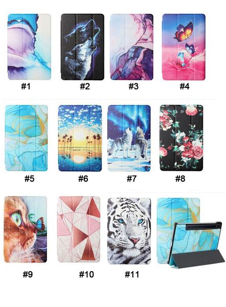 Fashion Marble Flower 3Folds Custodia in pelle di seta per Tab S7 S8 11 12,4 pollici T870 X700 X800 Tiger Cat Wolf Butterfly Print Portafoglio per ragazze Porta carte Cavalletto Flip Cover