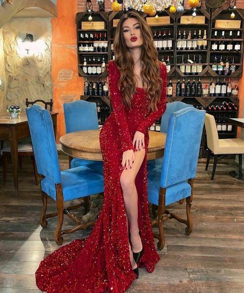 

elegant long sleeves mermaid red evening dresses slit floor length zipper sequin formal party gowns women custom made, Black;red