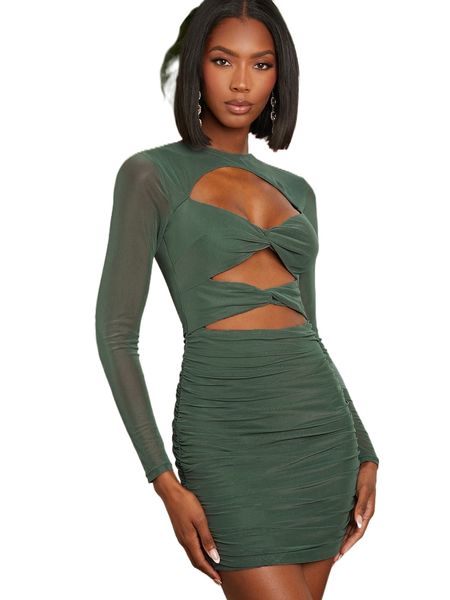

cutout twist front ruched mesh dress a2iv#, Black;gray