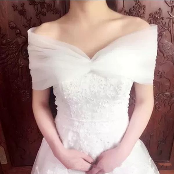 

elegant bateau neckline wedding bridal wraps jacket shawl off shoulder tulle lace up back wedding accessories, White