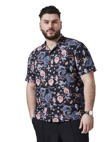 

extended sizes men floral & dragon print shirt 72kx#, White;black