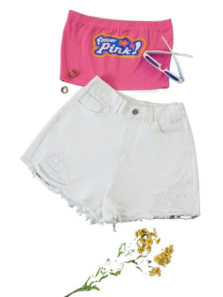 

1pc ripped frayed hem denim shorts s0nj#, White;black