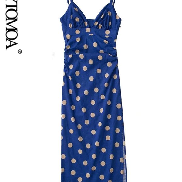 

kpytomoa women fashion with gathered linen polka dot midi dress vintage backless thin straps slit hem female dresses vestidos 220516, Black;gray