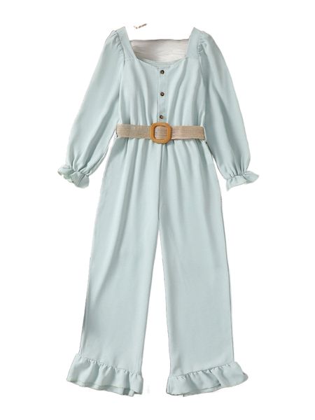 

girls flounce sleeve ruffle hem belted jumpsuit d6oe#, White;black