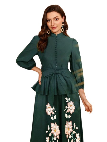 

lantern sleeve fake button peplum belted blouse h7be#, White