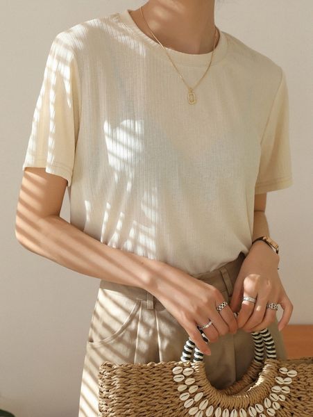 

dazy solid ribbed crew neck tee c3ks#, White
