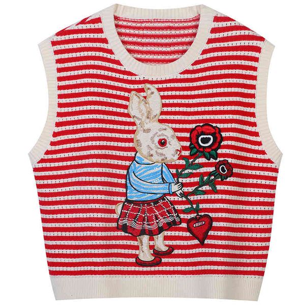 

women's tanks & camis year red vest 2022 spring contrast striped rabbit flower embroidery slim round neck pullover women m4it, White