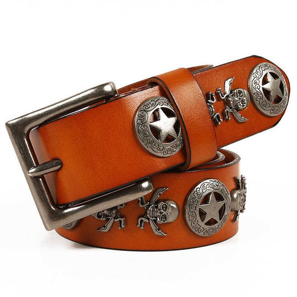 

elling party parker cool belts designer light luxury men's and women's skull pirate belt head leather punk waistband, Black;brown