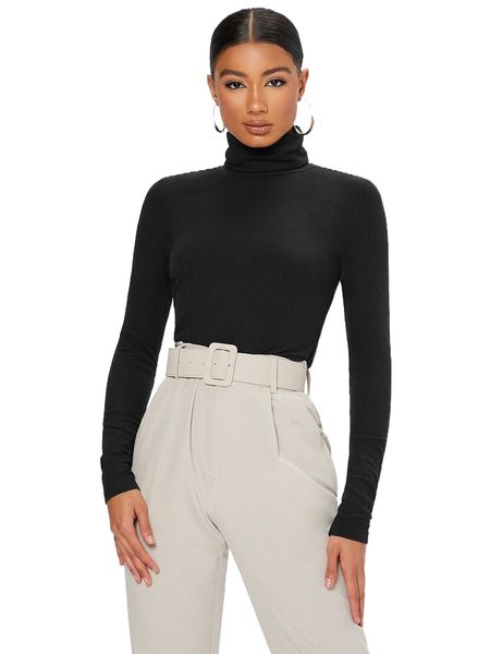 

tall solid rib knit high neck t-shirt a9uc#, White