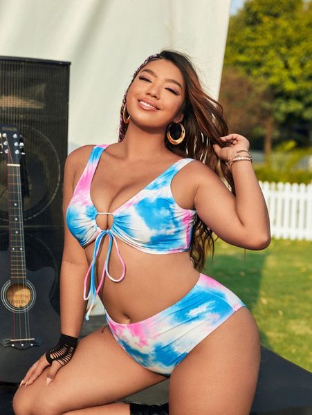 

plus tie dye knot front bikini swimsuit w2ah#, White;black