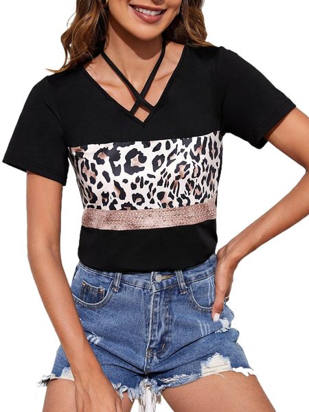 

leopard crisscross tie back tee i9m5#, White