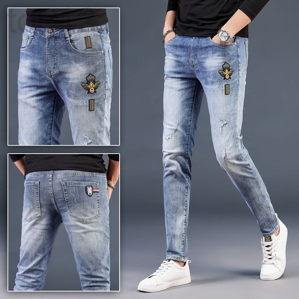 

men's jeans designer fashion brand washed jeans men's bee embroidery slim fit style summer long pants leisure ipcw, Blue