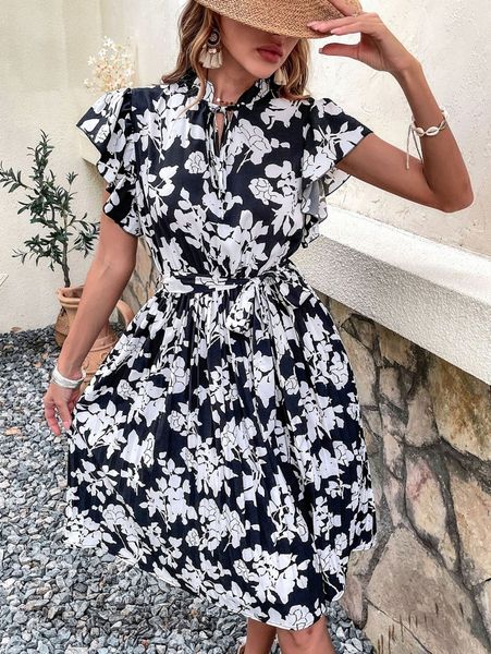

allover floral print tie neck butterfly sleeve belted dress 63s2#, Black;gray