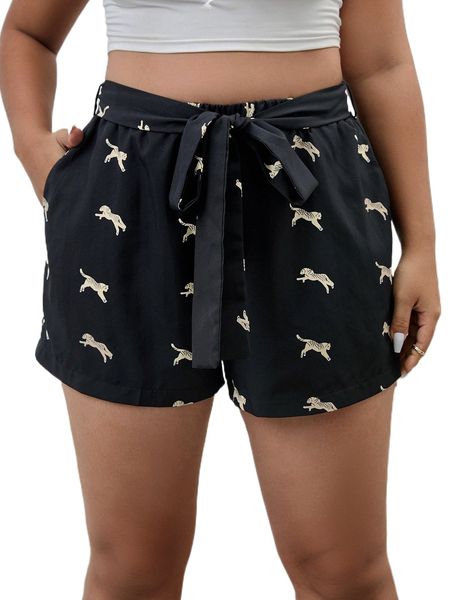 

plus animal print belted shorts l7rh#, Black