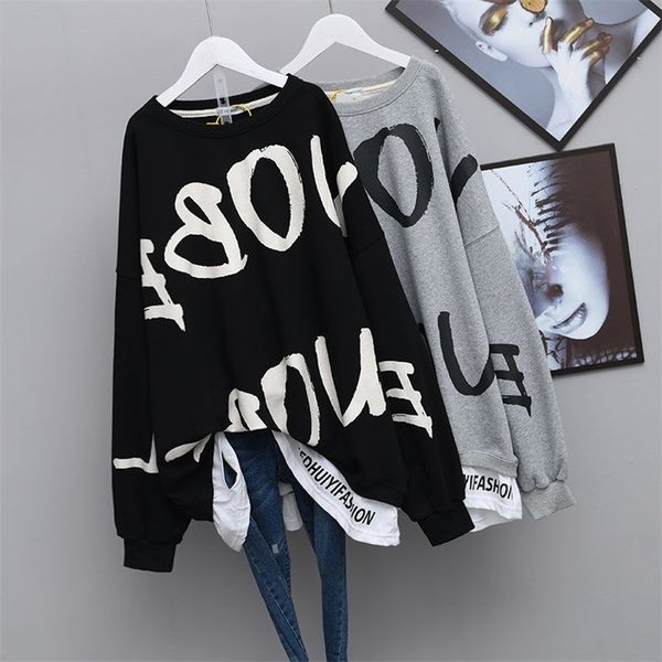 

qweek letter print crewneck sweatshirt women spring coat oversized hoodies fashion korean style kpop long sleeve women 220804, Black