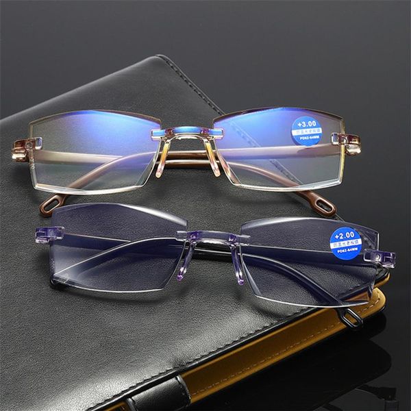 

men rimless reading glasses bifocal far near anti blue light magnification women presbyopic glasses200f, White;black