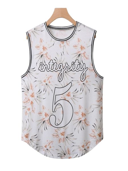 

men letter & floral print striped trim curved hem tank 13xv#, White;black