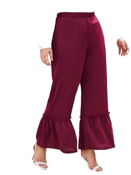 

plus solid ruffle hem wide leg pants j3tq#, Black