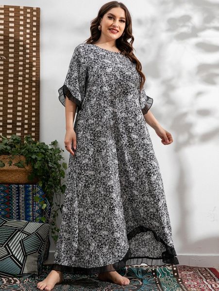 

plus ditsy floral & paisley print ruffle trim tunic dress p6da#, Black