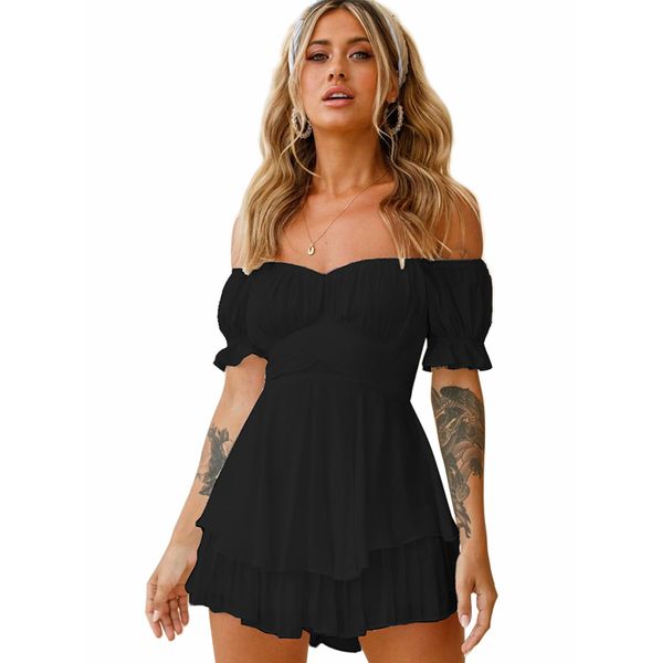

women jumpsuits dresses tie back lantern short sleeve square neck cute ruffled off shoulder rompers summer chiffon a-line mini dresses, Black;white