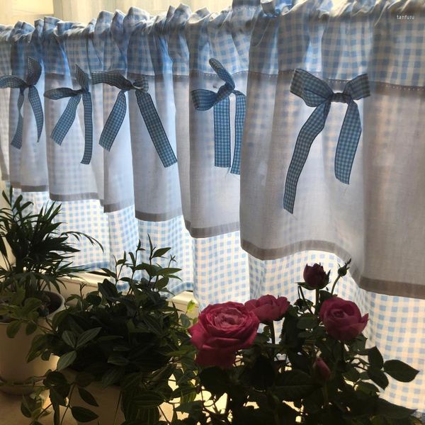 Vorhang, frisch, blau/rosa, kariert, Schleife, Etagenbett, Baumwollstoff, kurz, multifunktional, dekorative Trennwand für Zuhause, 40 x 150 cm