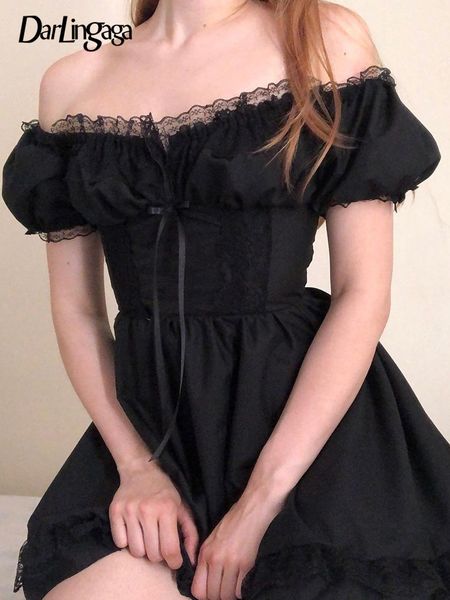 

mall gothic off shoulder lace patchwork black female dress ruffles tie up grunge summer dress pleated frill bow 2022, Black;gray