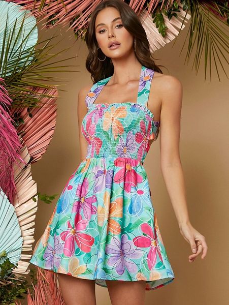 

random allover floral print shirred crisscross tie back cami dress i6dm#, Black;gray