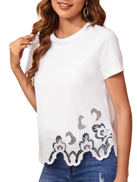 

contrast eyelet embroidery asymmetrical hem tee t4o9#, White