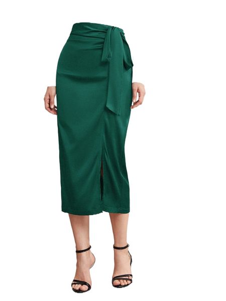 

tie side split hem satin skirt e8pj#, Black