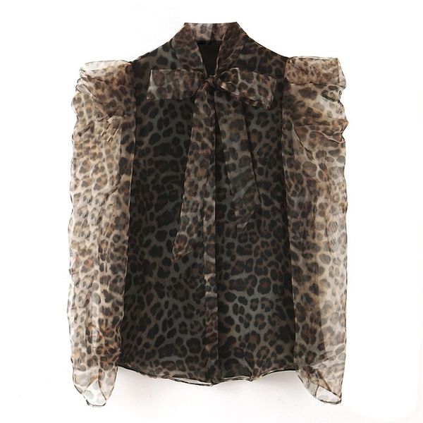 

transparent women blouse leopard shirt autumn new fashion bow collar puff sleeve modern lady sunscreen y200402, White