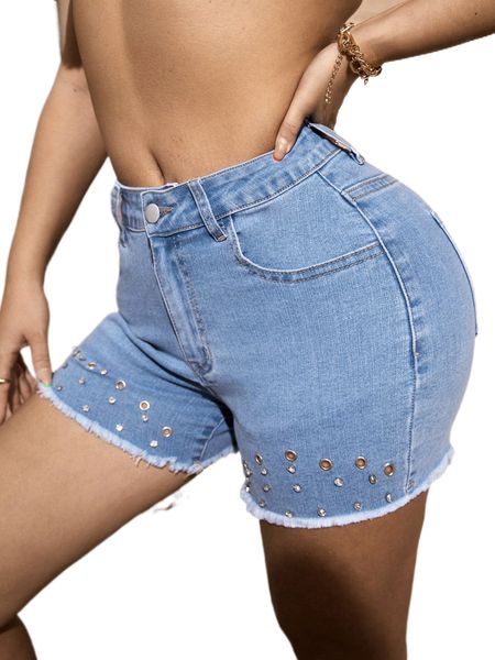 

sxy high waist eyelet beaded raw hem denim shorts k9vx#, White;black