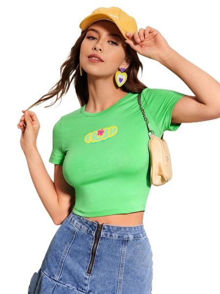 

slogan & floral print crop tee y8wc#, White