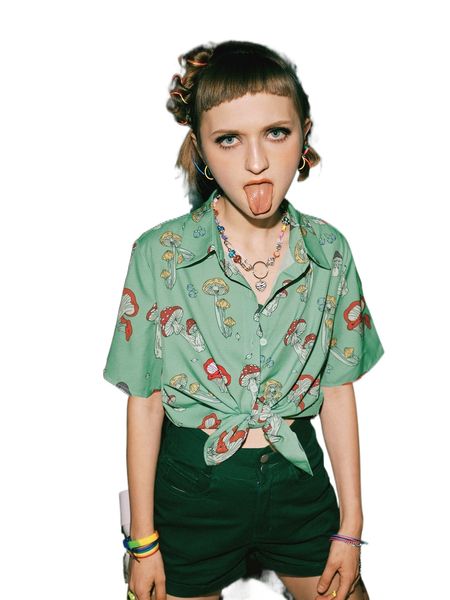 

romwe street life mushroom print button front shirt a3wu#, White