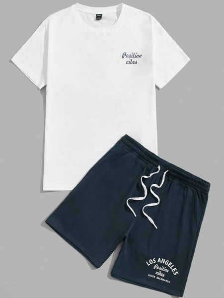 

men slogan graphic tee & drawstring waist shorts set u6zn#, Gray